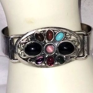 Vtg Signed BJ Silver Cabochon Bracelet